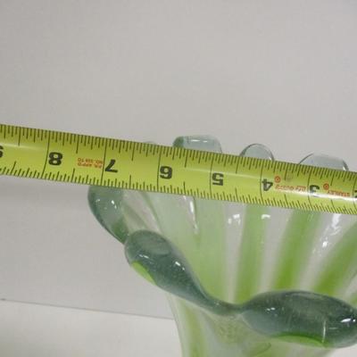 Hand Blown Murano Large Flower Shape Green White Clear Vase Approx 11" Tall #8