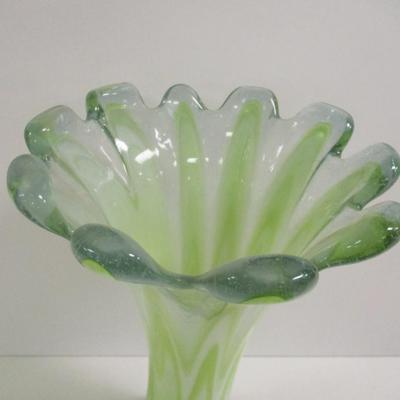 Hand Blown Murano Large Flower Shape Green White Clear Vase Approx 11" Tall #8