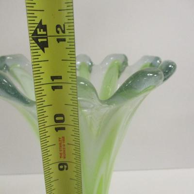 Hand Blown Murano Large Flower Shape Green White Clear Vase Approx 11" Tall #8