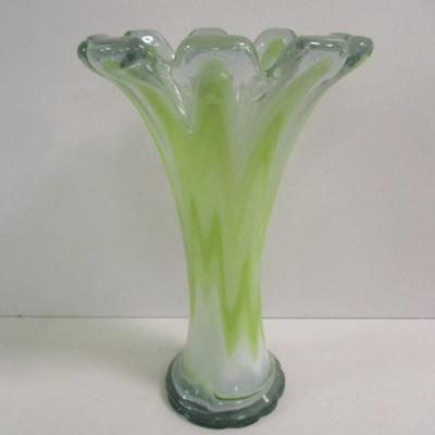 Hand Blown Murano Large Flower Shape Green White Clear Vase Approx 11" Tall #8