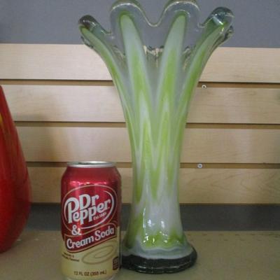 Hand Blown Murano Large Flower Shape Green White Clear Vase Approx 11" Tall #8