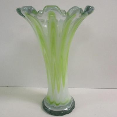 Hand Blown Murano Large Flower Shape Green White Clear Vase Approx 11" Tall #8