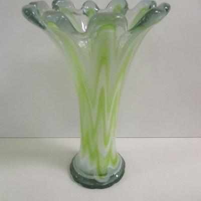 Hand Blown Murano Large Flower Shape Green White Clear Vase Approx 11" Tall #8