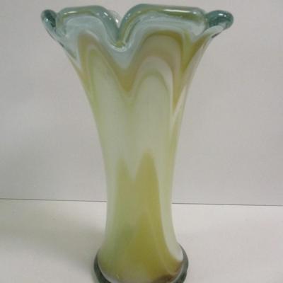 Hand Blown Glass Vase Marble Swirl Flower Petal Blue White Marbleized Vase Approx 11" Tall #9