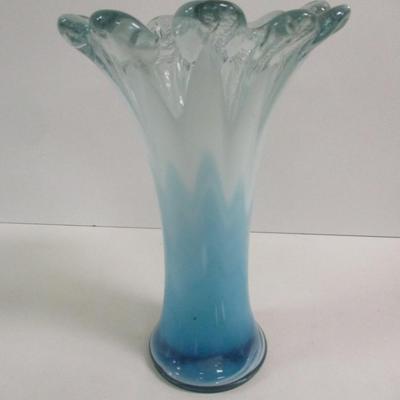 Hand Blown Glass Vase Blue Clear Swirl Flower Petal Approx 10 1/2" Tall #9