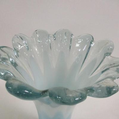 Hand Blown Glass Vase Blue Clear Swirl Flower Petal Approx 10 1/2" Tall #9