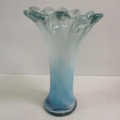 Hand Blown Glass Vase Blue Clear Swirl Flower Petal Approx 10 1/2" Tall #9