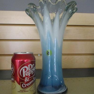 Hand Blown Glass Vase Blue Clear Swirl Flower Petal Approx 10 1/2" Tall #9