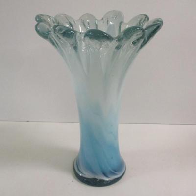 Hand Blown Glass Vase Blue Clear Swirl Flower Petal Approx 10 1/2" Tall #9