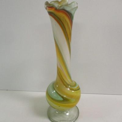 Hand Blown Glass Multi-Colored Marbled Swung Glass Vase Approx 12" Tall #11