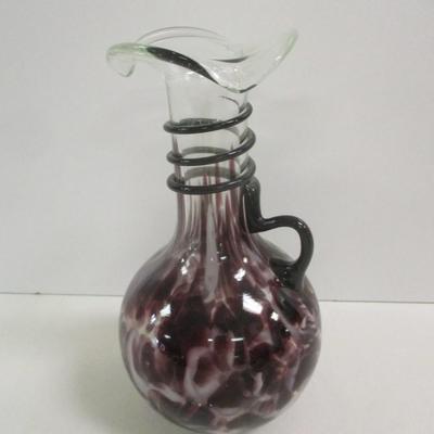 Hand Blown Murano Glass Amethyst Spotted Vase With Handle & Ruffled Top Approx 9" Tall #18