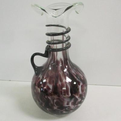 Hand Blown Murano Glass Amethyst Spotted Vase With Handle & Ruffled Top Approx 9" Tall #18