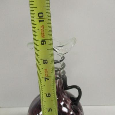 Hand Blown Murano Glass Amethyst Spotted Vase With Handle & Ruffled Top Approx 9" Tall #18