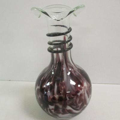 Hand Blown Murano Glass Amethyst Spotted Vase With Handle & Ruffled Top Approx 9" Tall #18