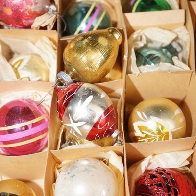 VINTAGE CHRISTMAS ORNAMENTS TWO BOXES OF NINE PLUS/ VINTAGE SANTA PAPER CUT OUT DISPLAY