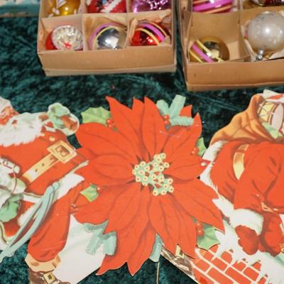 VINTAGE CHRISTMAS ORNAMENTS TWO BOXES OF NINE PLUS/ VINTAGE SANTA PAPER CUT OUT DISPLAY