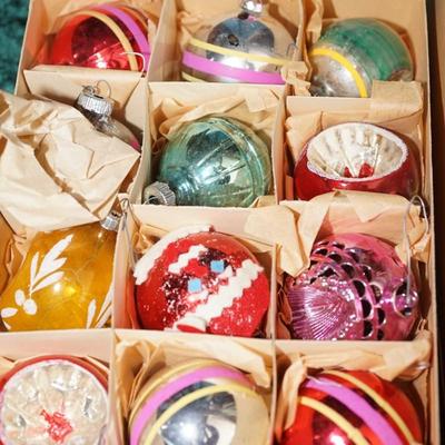 VINTAGE CHRISTMAS ORNAMENTS TWO BOXES OF NINE PLUS/ VINTAGE SANTA PAPER CUT OUT DISPLAY