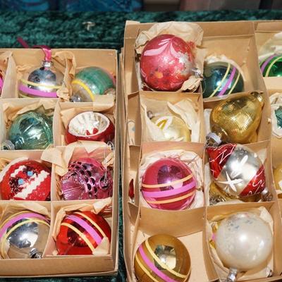 VINTAGE CHRISTMAS ORNAMENTS TWO BOXES OF NINE PLUS/ VINTAGE SANTA PAPER CUT OUT DISPLAY