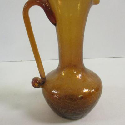 Hand Blown Amber Crackle Small Glass Pitcher Vase With Applied Handle Approx 6" Tall #32