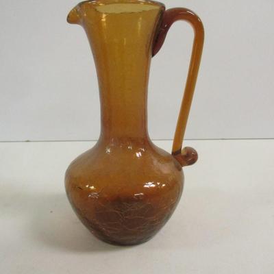 Hand Blown Amber Crackle Small Glass Pitcher Vase With Applied Handle Approx 6" Tall #32