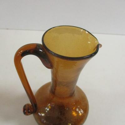 Hand Blown Amber Crackle Small Glass Pitcher Vase With Applied Handle Approx 6" Tall #32