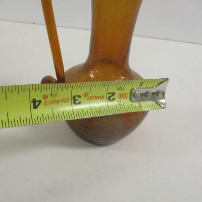 Hand Blown Amber Crackle Small Glass Pitcher Vase With Applied Handle Approx 6" Tall #32