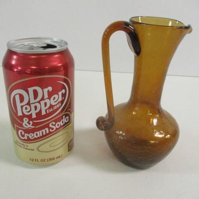 Hand Blown Amber Crackle Small Glass Pitcher Vase With Applied Handle Approx 6" Tall #32