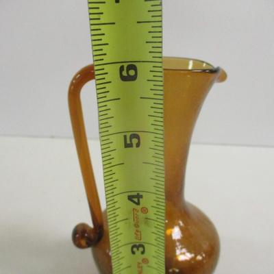 Hand Blown Amber Crackle Small Glass Pitcher Vase With Applied Handle Approx 6" Tall #32