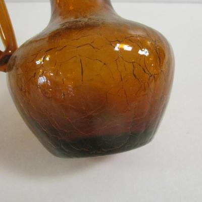Hand Blown Amber Crackle Small Glass Pitcher Vase With Applied Handle Approx 6" Tall #32