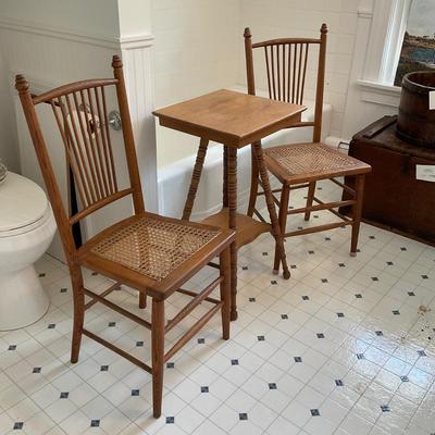 UD741 Pair of Cane Seat Oak Chairs with Oak Table