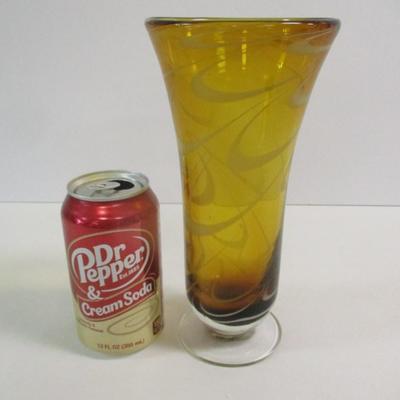 Amber Glass Swirled Footed Vase Hand Blown Approx 9" Tall #37