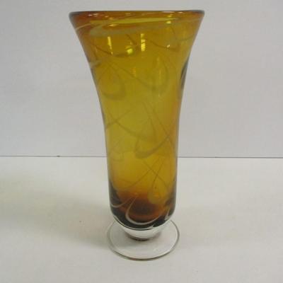 Amber Glass Swirled Footed Vase Hand Blown Approx 9" Tall #37