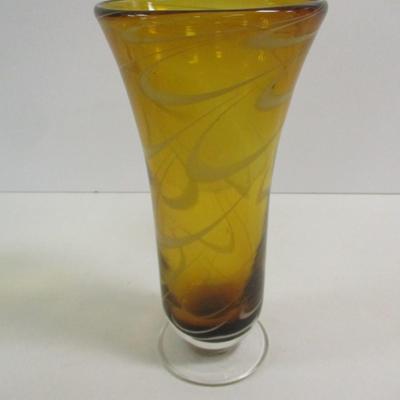 Amber Glass Swirled Footed Vase Hand Blown Approx 9" Tall #37
