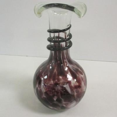 Hand Blown Murano Venetian Amethyst Spotted Vase With Handle & Ruffled Top Approx 9" Tall #38
