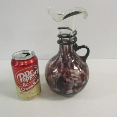 Hand Blown Murano Venetian Amethyst Spotted Vase With Handle & Ruffled Top Approx 9" Tall #38