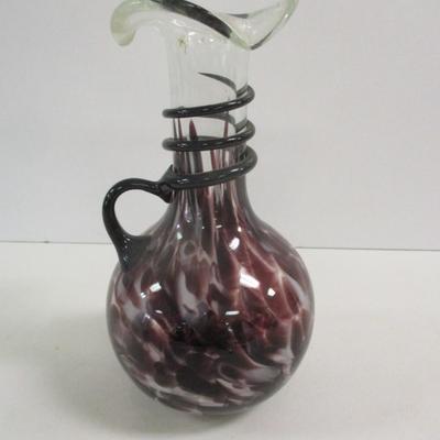 Hand Blown Murano Venetian Amethyst Spotted Vase With Handle & Ruffled Top Approx 9" Tall #38