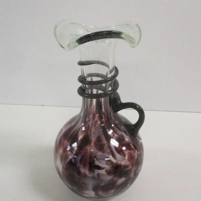 Hand Blown Murano Venetian Amethyst Spotted Vase With Handle & Ruffled Top Approx 9" Tall #38