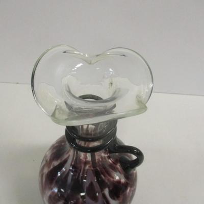 Hand Blown Murano Venetian Amethyst Spotted Vase With Handle & Ruffled Top Approx 9" Tall #38