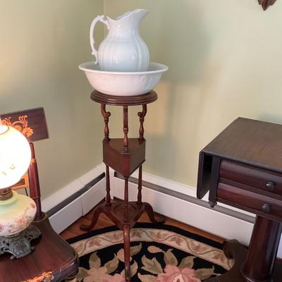 UD753 Vintage Mahogany Washstand with Ironstone Bowl and Pitcher