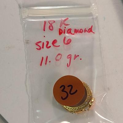 18 Karat Yellow Gold and Diamond Ring- Size 6- Approx Weight 11.0 Grams (#32)