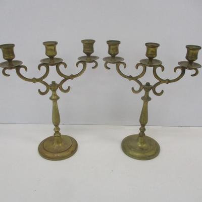 Pair Of Antique Cast Brass Metal 3 Arm Candlesticks Candelabra