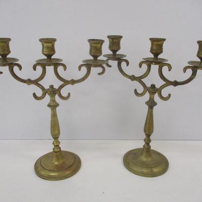 Pair Of Antique Cast Brass Metal 3 Arm Candlesticks Candelabra