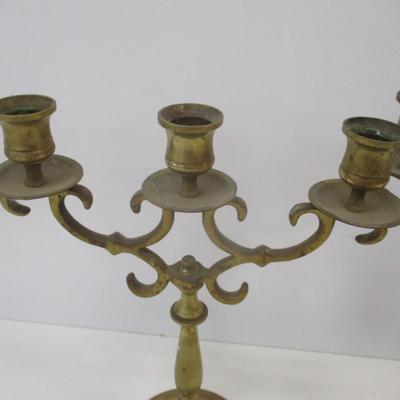 Pair Of Antique Cast Brass Metal 3 Arm Candlesticks Candelabra