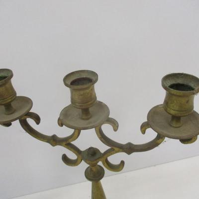 Pair Of Antique Cast Brass Metal 3 Arm Candlesticks Candelabra