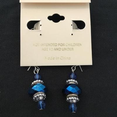 Silver, toned, rainbow, blue faceted glass beaded dangle earrings