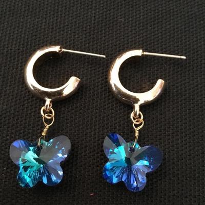 Gold tone, hoop, earrings, with butterfly crystals charms