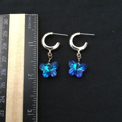 Gold tone, hoop, earrings, with butterfly crystals charms