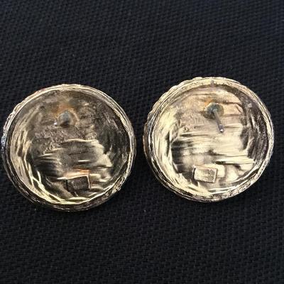 Vintage, gold, toned, faux, pearl black enamel circular studded earrings