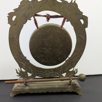 Vintage Chinese Etched Dragon Brass Gong With Hammer