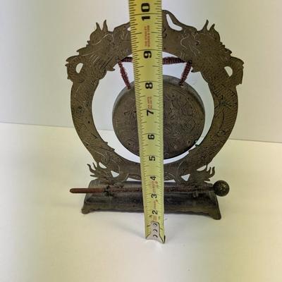 Vintage Chinese Etched Dragon Brass Gong With Hammer